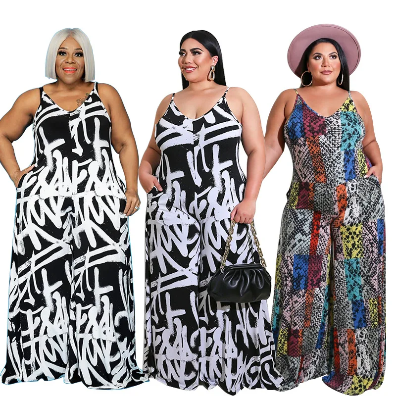

A149 2021 summer new sling irregular graffiti plus size black jumpsuits women clothing, Picture color