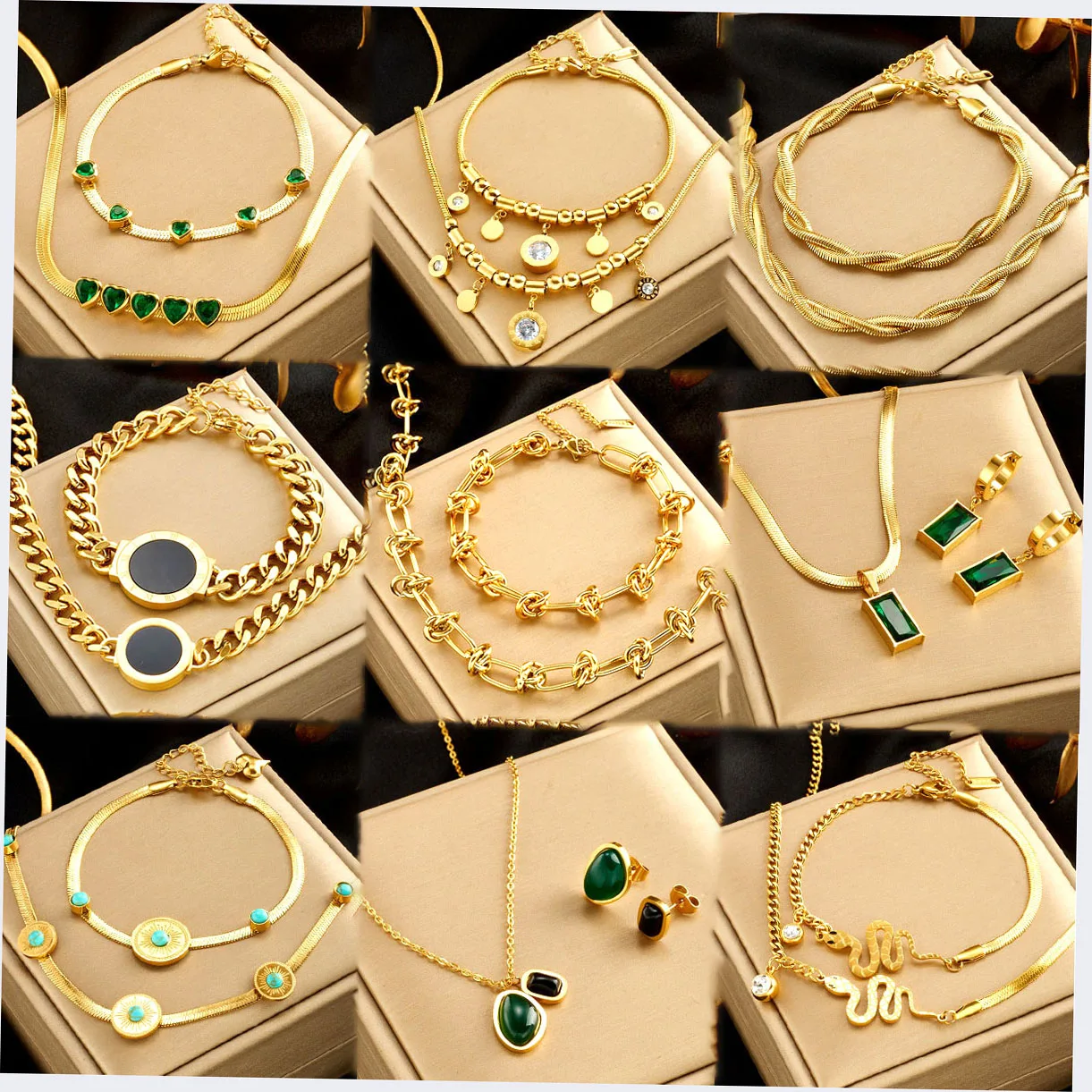 

Jewelry Set Women Stainless Steel 18k Gold Layered Cuban Chain Emerald Zircon Heart Pendant Necklace Earrings And Bracelet Set