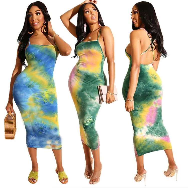 

2021 Hot Sale Fashion Drop Shipping Summer Woman Sexy Tie Dye Print Skinny Long Camisole Maxi Dress