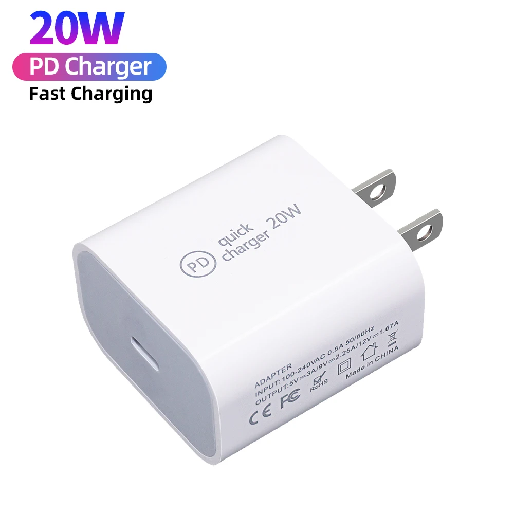 

Fast Charger Adapter PD 20W Charger EU/US/UK/AU Plug USB Type C Wall Charger 20W for iPhone 12 13, White
