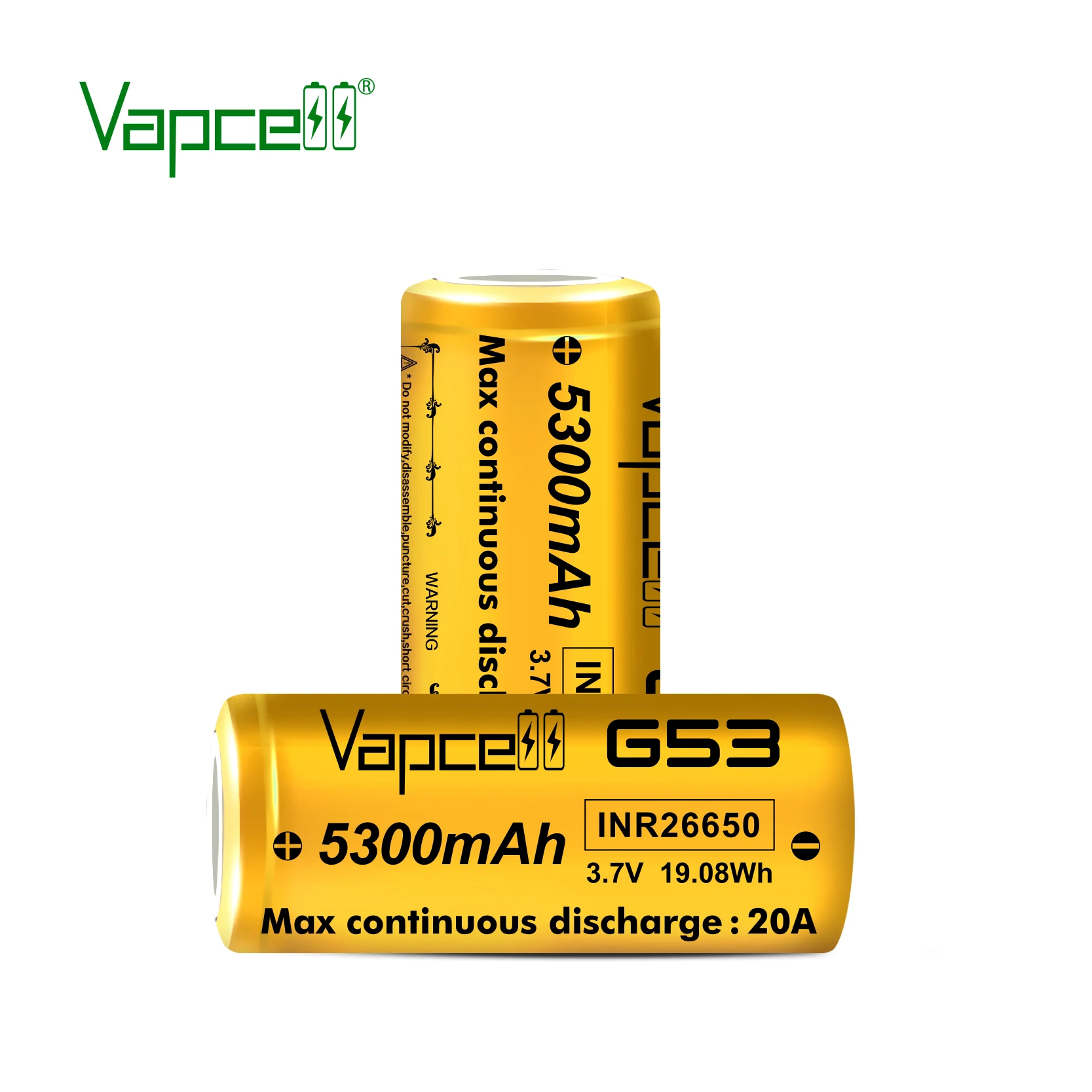 Gold Vapcell G53 26650 5300mah 20A 3.7v 19.08Wh li lon high Discharge for flashlight rechargeable batteries