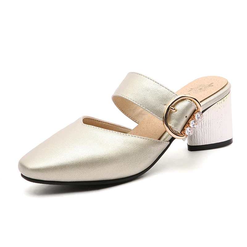 

Summer Outdoor Belt Buckle Round Toe High-heeled Ladies'slippers