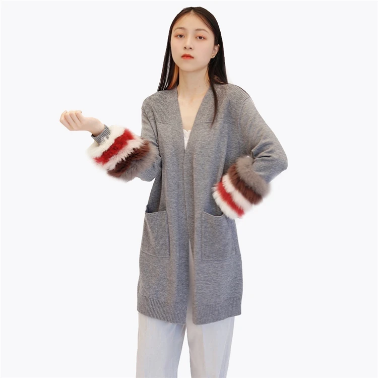 

New Style Ladies Luxury Fox Fur Cuff Knitted Long Cardigan Sweater For Womens, 5 colorways