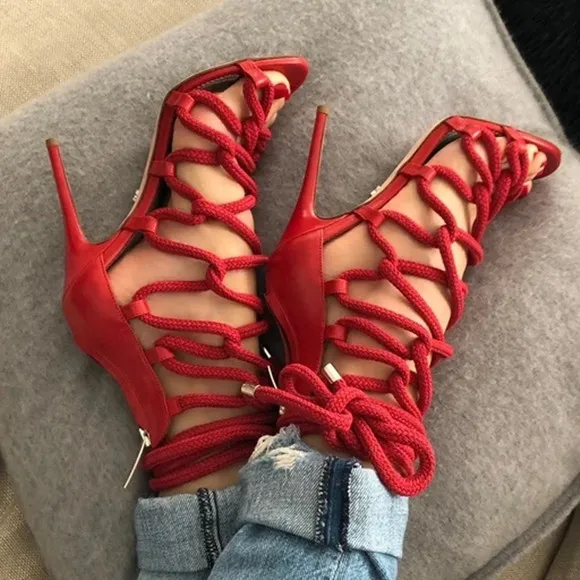 

2021 Hot Sale Women Rope High Heel Sandals Sexy Lady Lace Shoes Back Zipper Sandals, Black,blue,red,beige