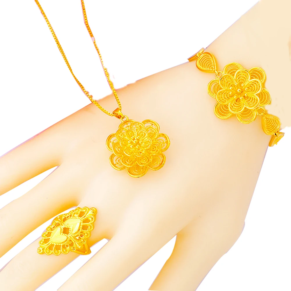 

Vietnam gold jewelry Love Heart Peach Ring Brass Gold Plated Flower Necklace Bracelet Set wedding jewelry sets hawaiian jewelry
