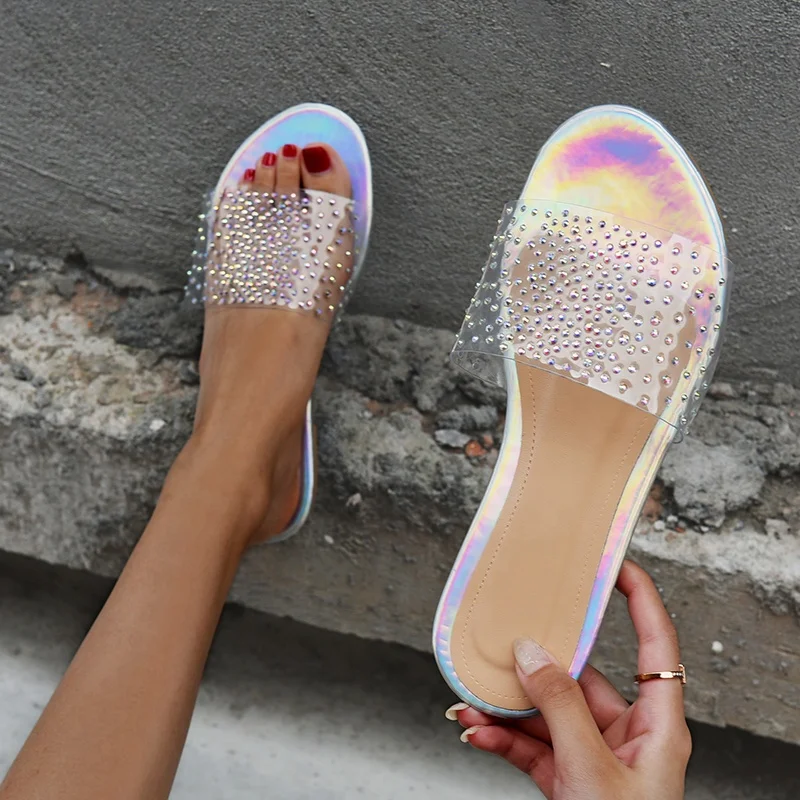 

Outdoor Beach Shoes Ladies Transparent Flat Slides Rhinestone Clear Jelly Slippers For Women