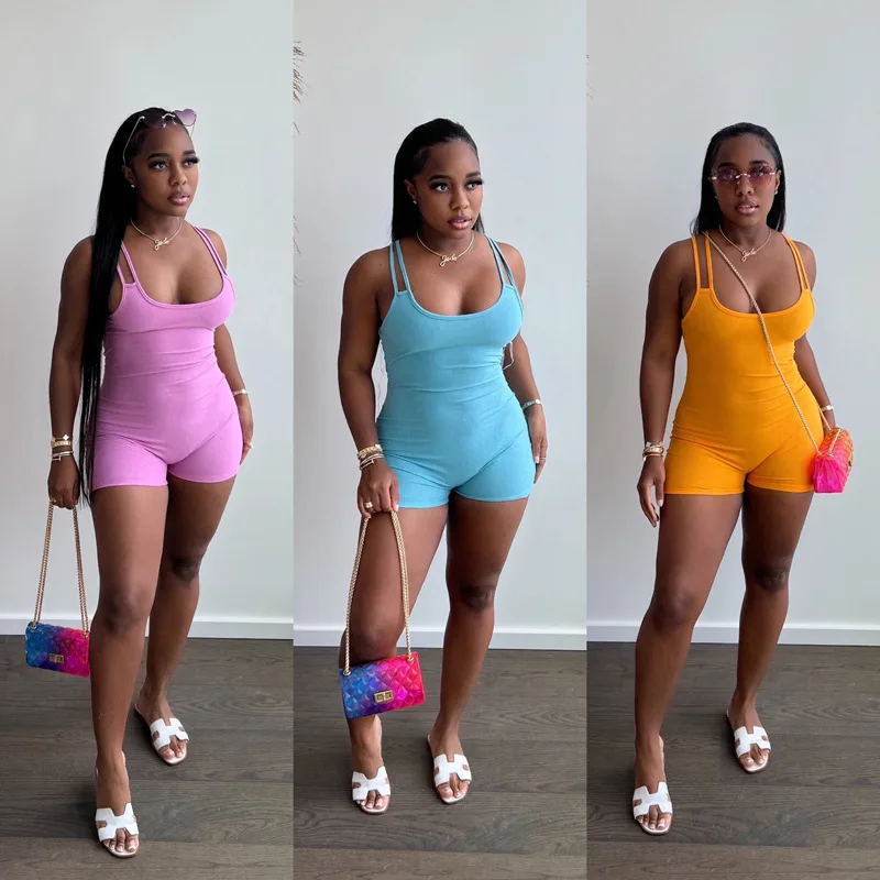 

High Quality H9478 - ladies fashion solid color knit bandage sleeveless romper
