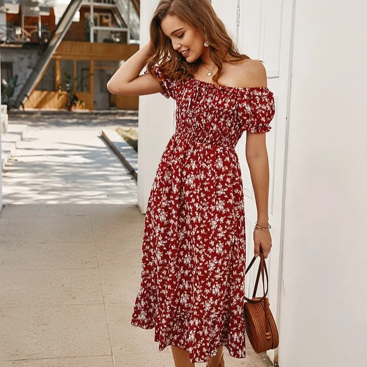 

2021 Summer Wholesale Off Shoulder Dress Women Floral Casual Strapless Boho Dresses, Red,green,navy