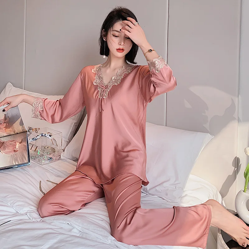 

Solid Color Women Nighty Lace Nightdress two piece set matching pajamas sexy lounge wear women homewear