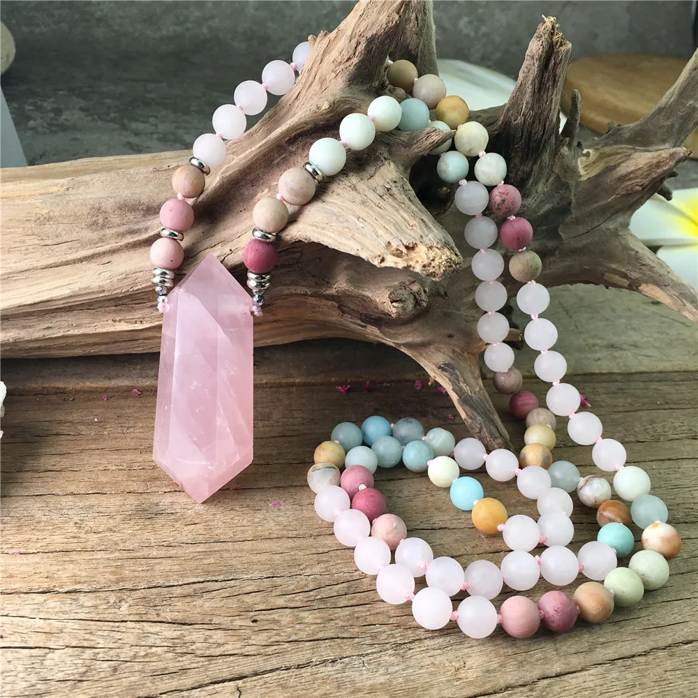 

LS-B1229 Natural Pink Quartz Double Point Pendant 8mm Rhodonite Amazon Stone 108 Prayers Beads Knotted Handmade Yoga Jewelry