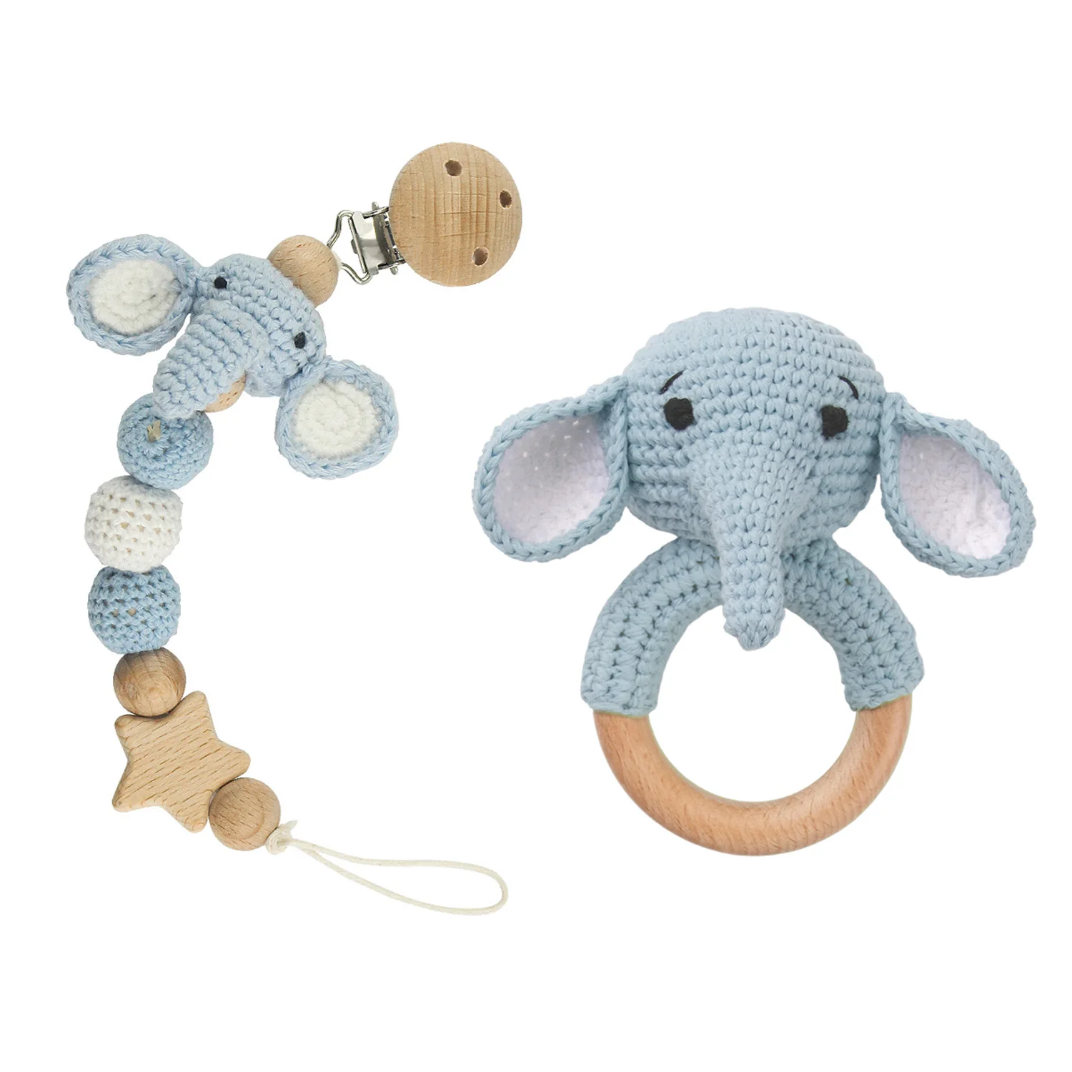 

2PC Wooden Baby Rattle & Crochet Animal Pacifier Chain Gift Set Baby Beech Teether and Crochet Beads Pacifier Clips