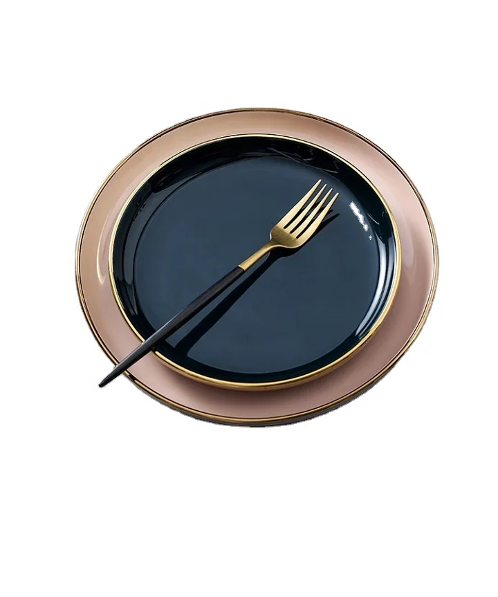 

Hot Selling Ceramic Home Dinner Plate Western Dinner Plate Steak Plate, Pink / black