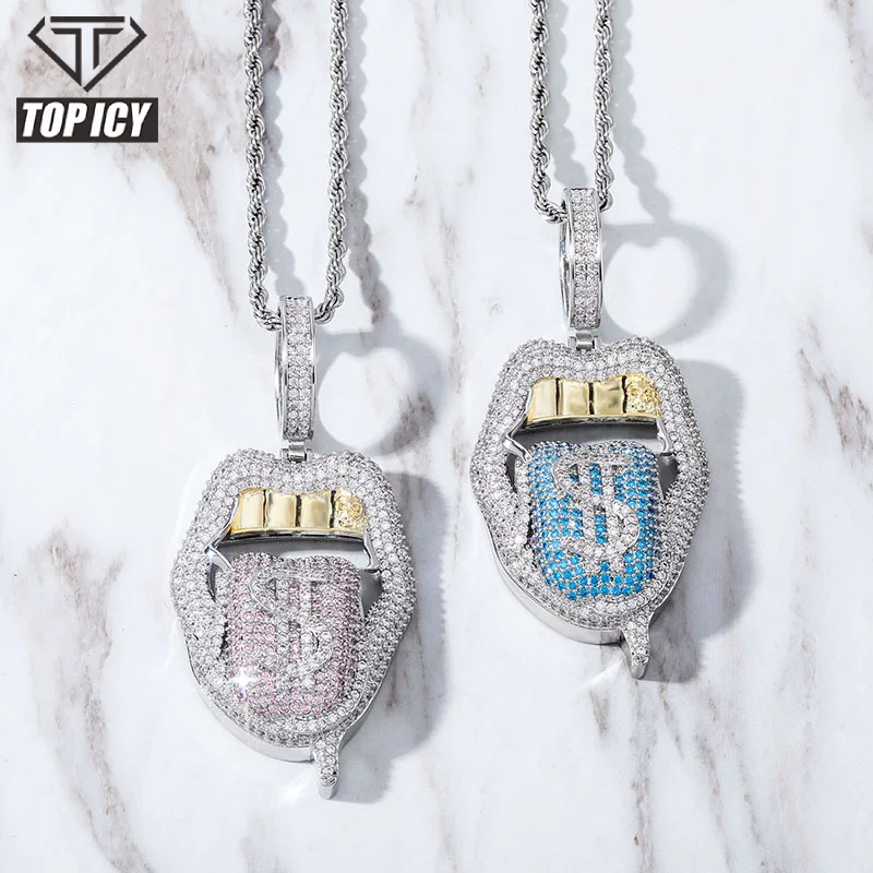 

New Arrival Latest Design Pendants With Tongue Shape Dollar Sign Iced Out Money Lips Pendants Hip Hop, Silver/ gold/ rose gold