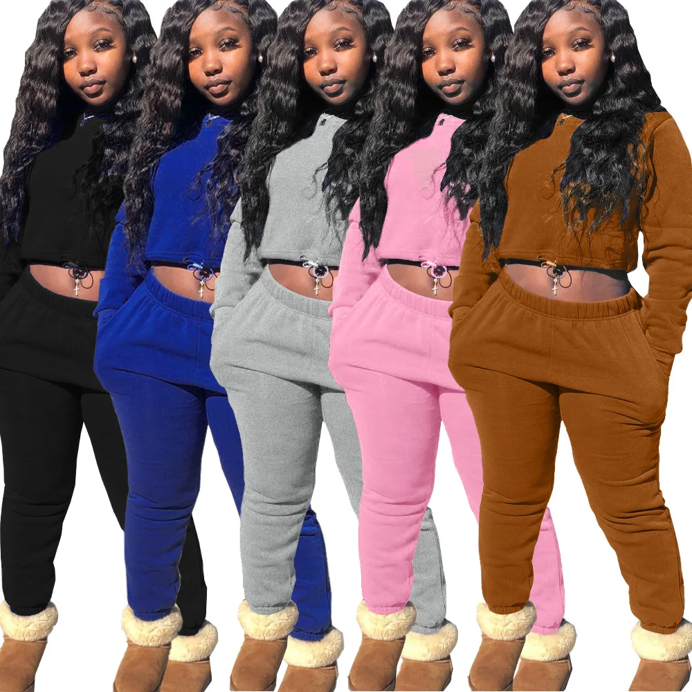 

Casual Solid Fall Autumn Women Ladies Two Pant Pieces Jogger Set Sweat Pocket Crop Sweatsuit 2 Piece Pants Sets