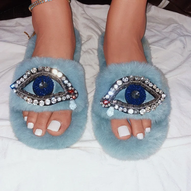 

Autumn Winter Wholesale Price Blue Round Toe Strange Diamonds Eyes Pattern Flats Round Toe Cute Shoes Furry Women Casual Slipper, Blue/black/beige