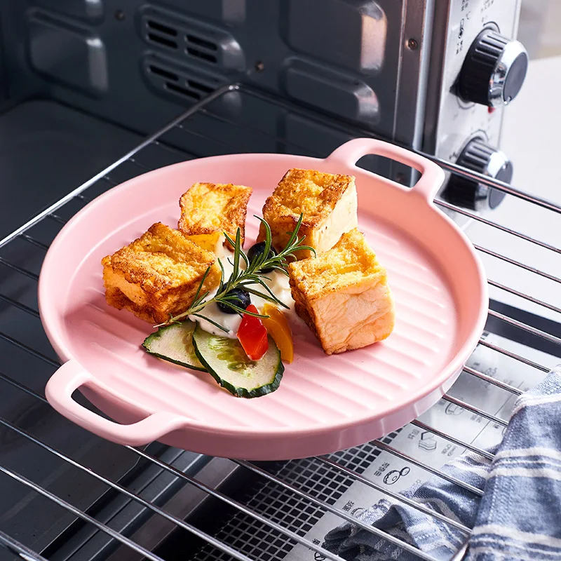 

Colorful Simple Round Dish Porcelain Baking Tray Ceramic Baking Dish With Double Ear Porcelain Bakeware