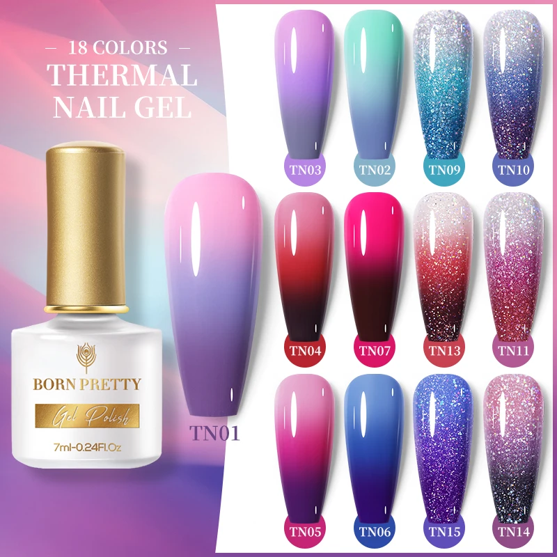 

BORN PRETTY 7ml Thermal Nail Polish Shiny Glitter Varnishes Soak Off Temperature Color Changing Gel Nail