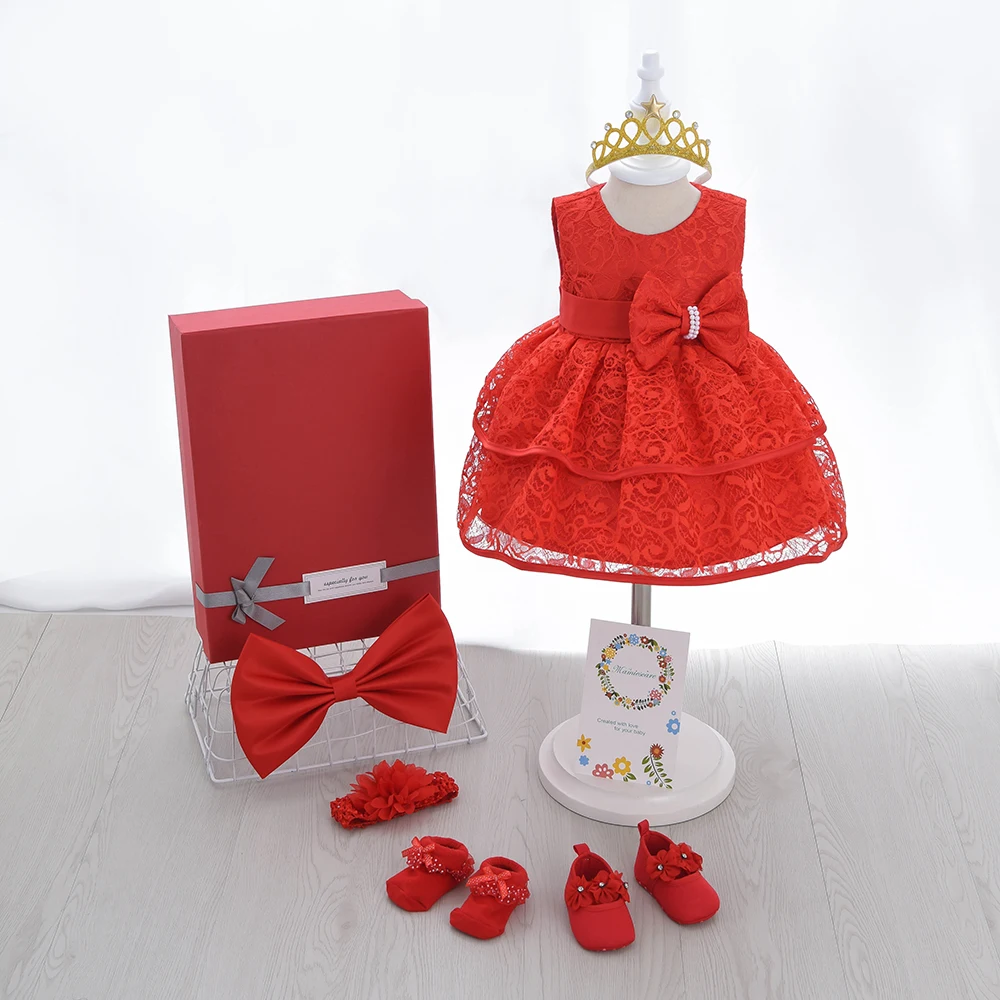 

Oem New Design Baby Clothing Gift Box Set Kid Birthday Party Prom Girl Dress For 0-2 Years Old Girl, Red