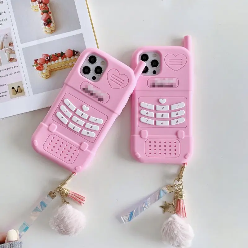 

3D Cute Cartoon Old Mobile Phone Design Pink Phone Case for iPhone 13 Girl Retro Fashion Cover for iPhone 12/11/7/8/XS/XR/MAX