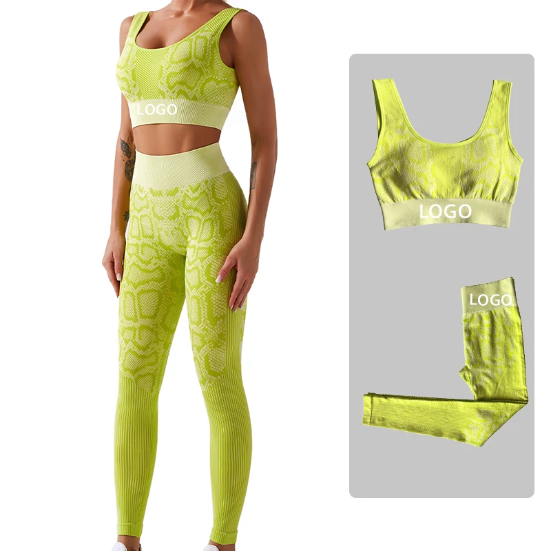 

2021 Fall Hot Selling Yoga Sets Women Seamless Snake Pattern Butt Lifting Yoga Pants Workout Yellow yoga&fitn set, Shown