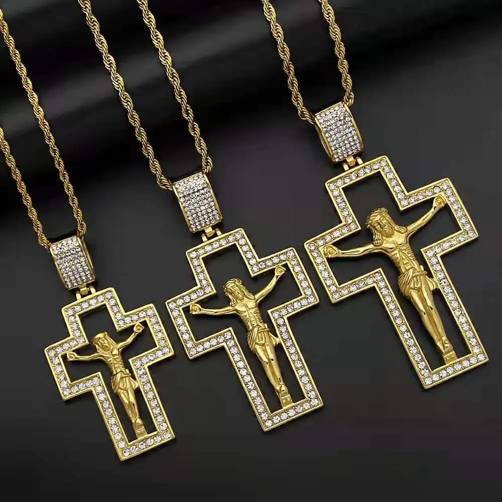 

Hip Hop Fashion Gift Men Diamond Hollowed Out Jesus Pendant Cross Necklace Jewelry Hot Selling