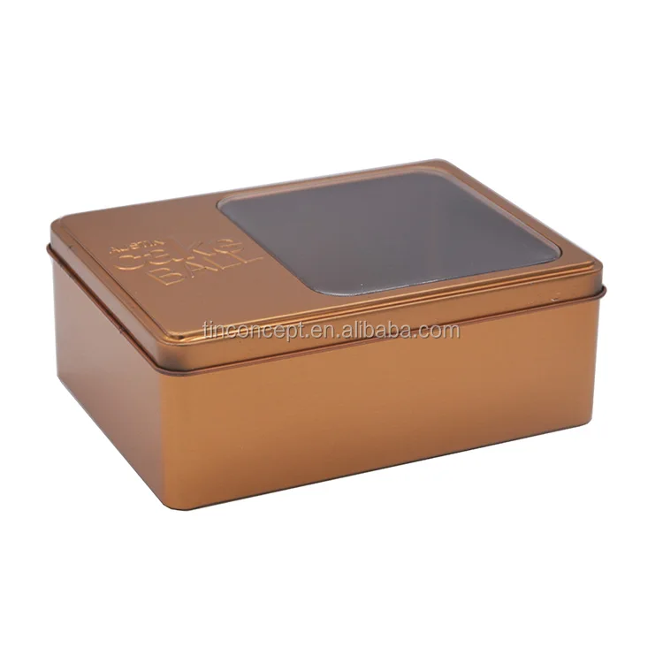 Modern Design Gold Hinged Lid Tin Box Window For Cake Ball
