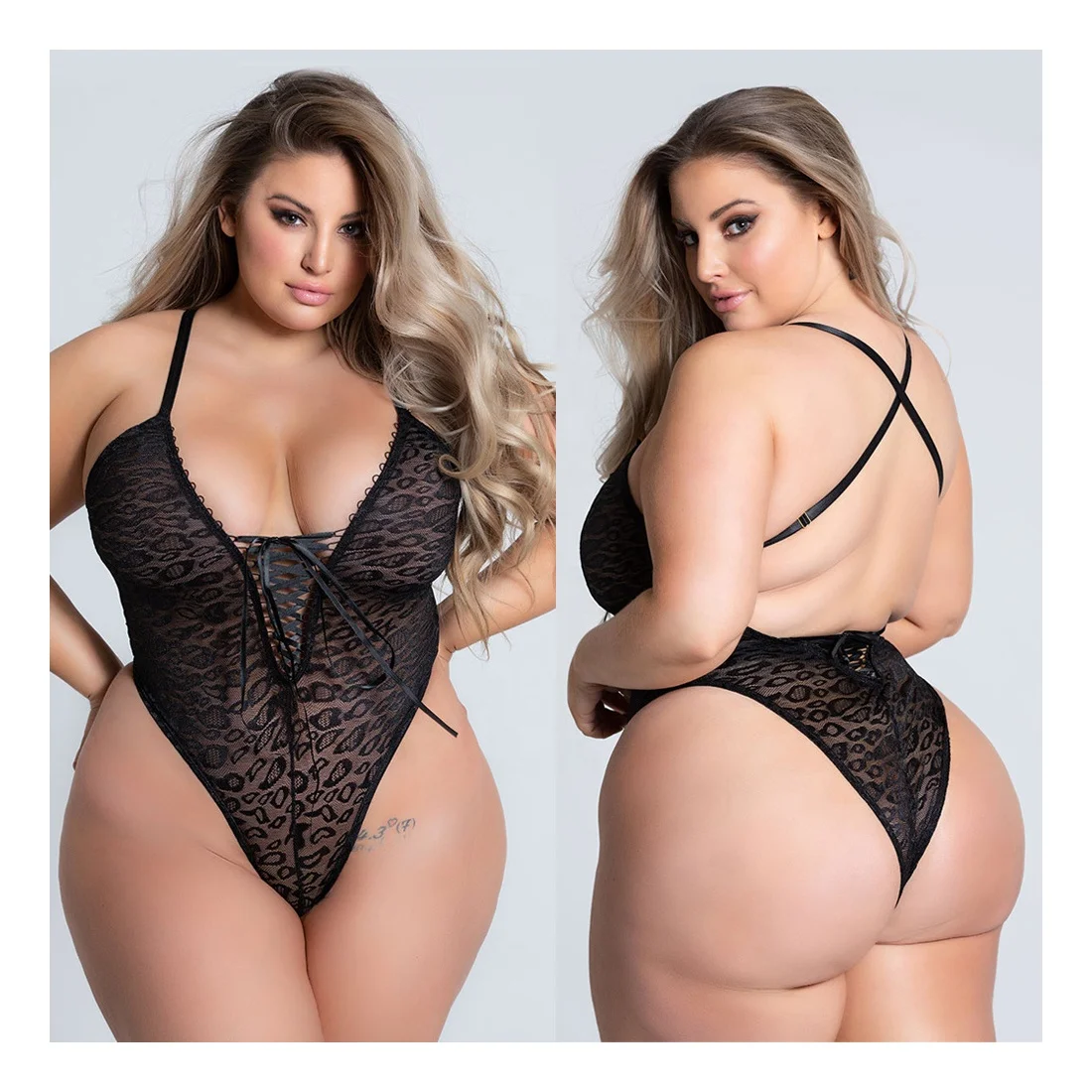 

Aifun Hot sale leopard net yarn plus size one-piece lace babydoll underwear, Black
