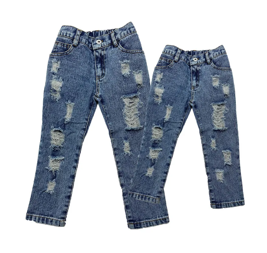 

Free Shipping Kids Distressed Denim Jeans Wholesale Baby Girls Ripped Skinny Jeans Pencil Pants for Children, As pic