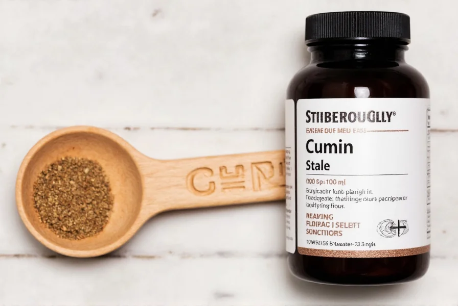 Cumin supplement bottle next to measuring spoon showing proper dosage