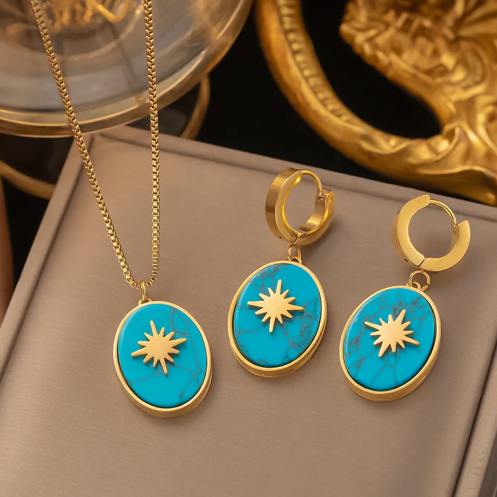 

2023 New 2Pcs/set 18k Gold Plated Necklace Earrings Jewelry Sets Stainless Steel With Turquoise Stones