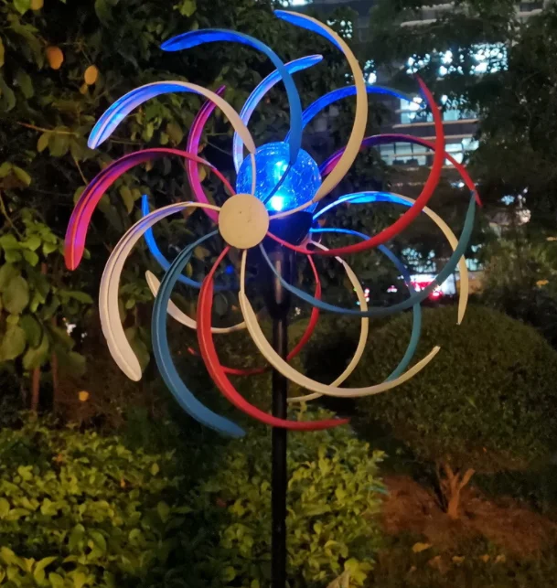 

Amazon hot-selling metal crafts led wind spinner garden stake double-layer rotating decoration colorful iron windmill, Customized color