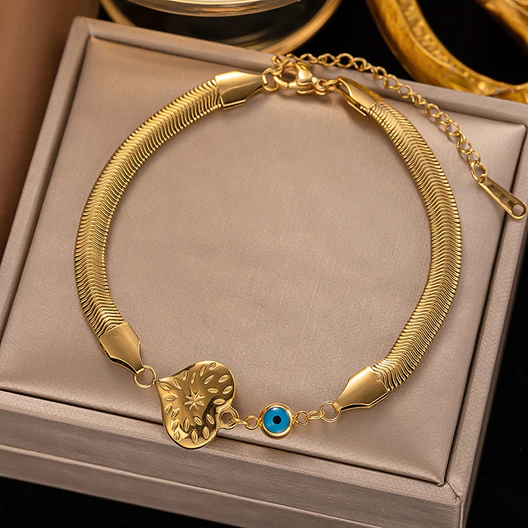 

K113 Fashion Non Tarnish Jewelry Adjustable PVD 18K Gold Plated Stainless Steel Blue Eye Heart Butterfly Snake Chain Bracelet