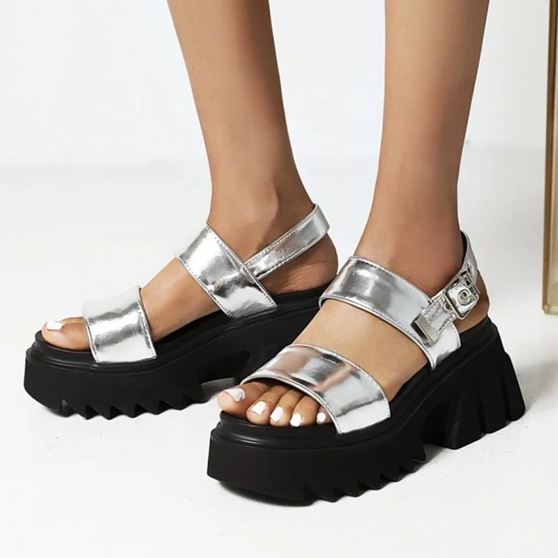 

Solid Black Silver Thick Bottom Sandals Shoes Women Pumps Open Round Toe Back Strap Summer High Heel Shoes for Girls Fashion