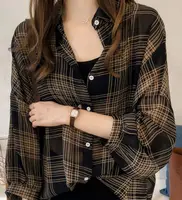 

Women Loose Plaid Print Irregular Hem Long Sleeve Lapel Button Casual Shirt Tops