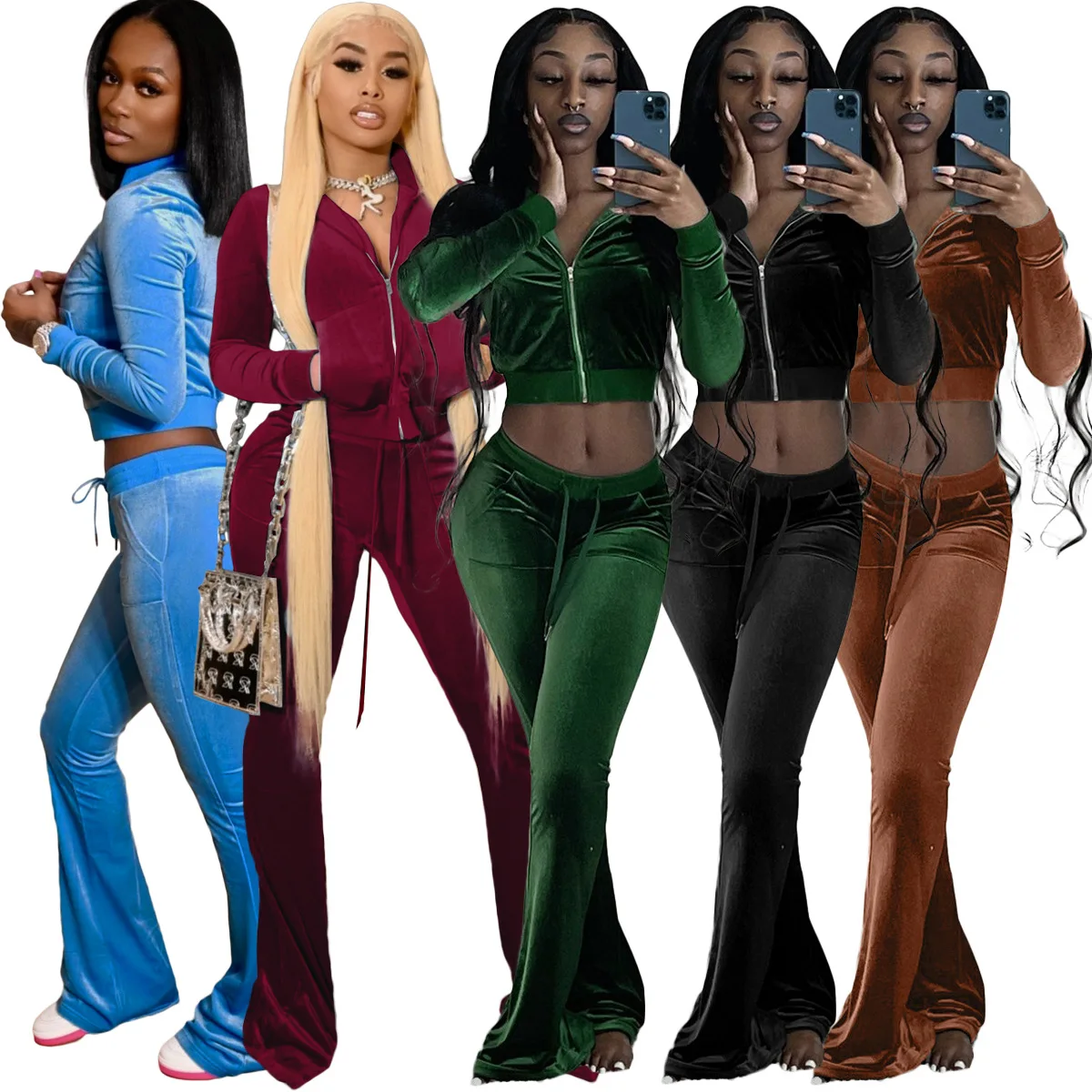 

women clothing fall 2021 Custom logo Long Sleeve 2 pcs Jogger Set velour tracksuit velvet two piece flare pants set, Picture color