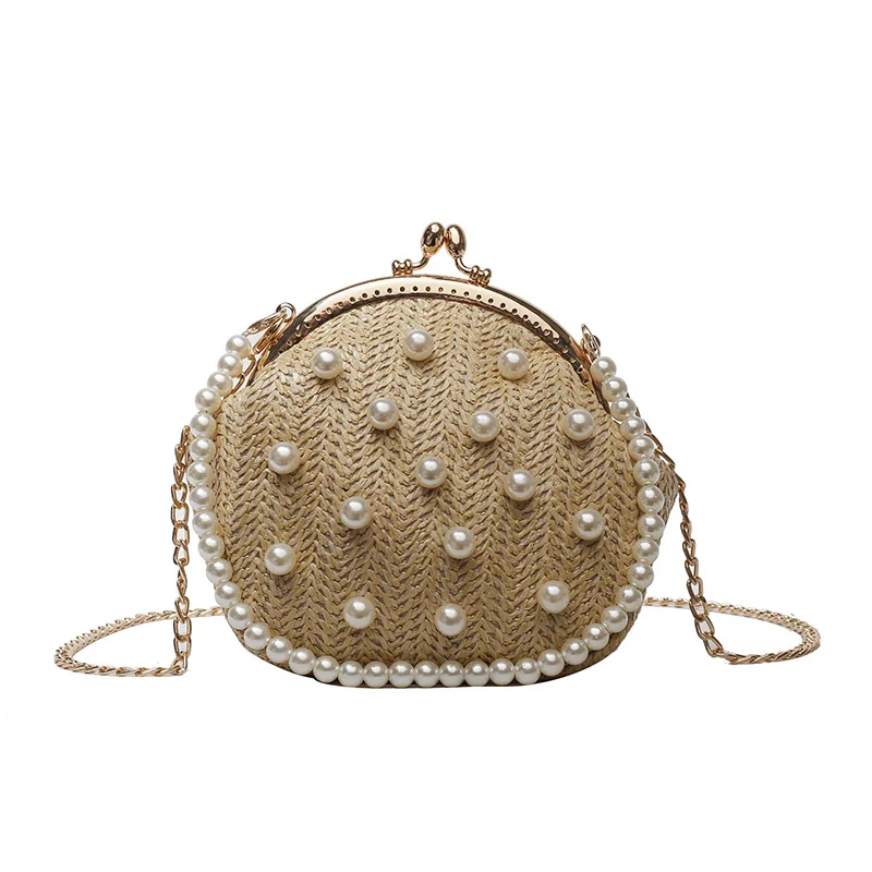 

Elegant straw shoulder bag with pearl women shell clutch handbags party evening bag