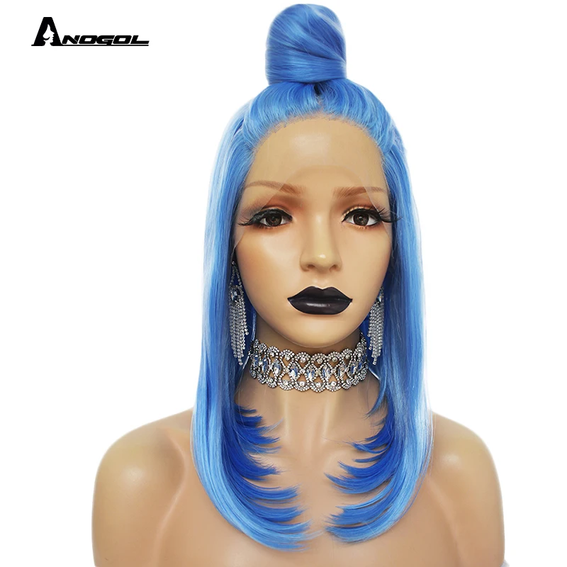 

Anogol Medium BOB Straight Blue Heat Resistant Fiber Synthetic Lace Front Wigs For Women