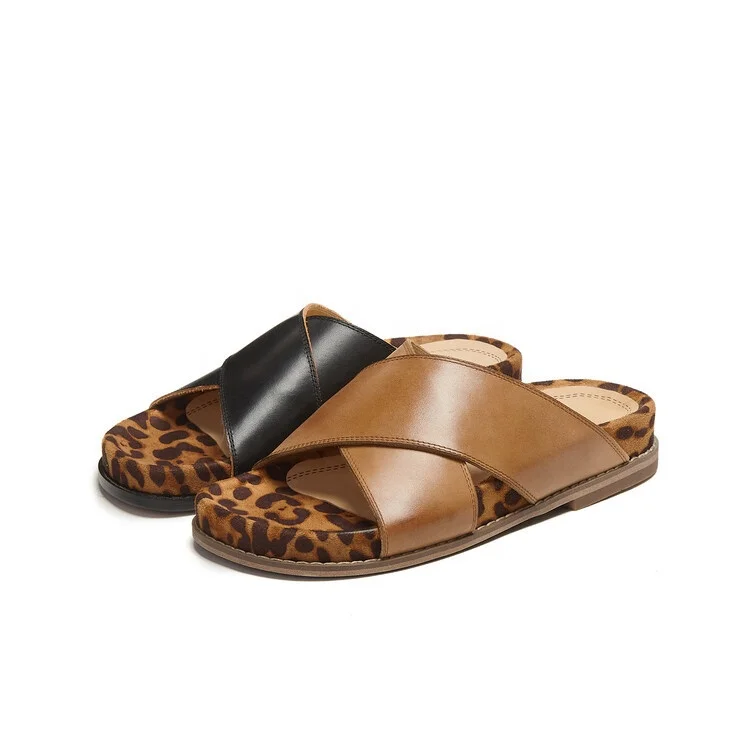 

Top quality American style cross belt thick bottom female slide slippers Leopard pattern leisure flat leather sandal for women