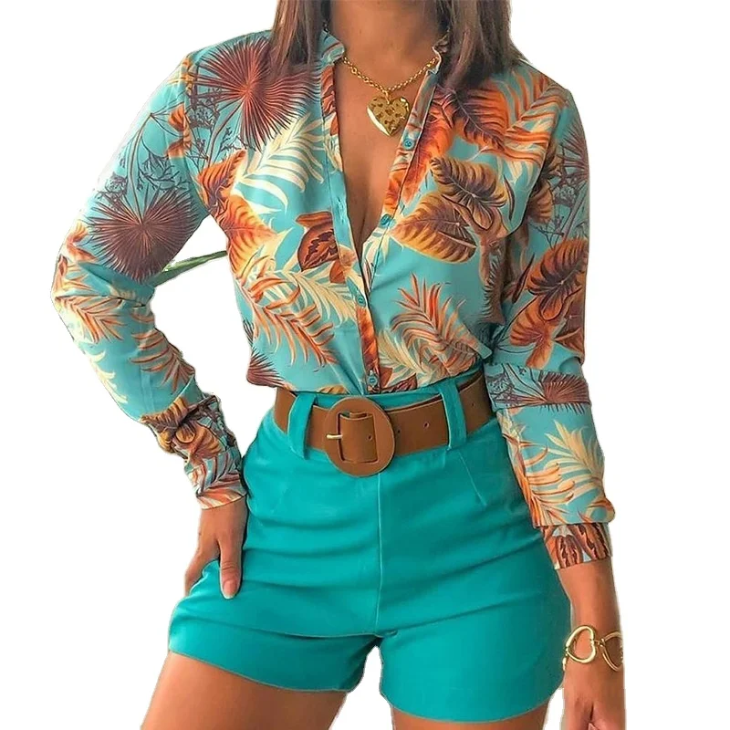 

New in 2022 Digital print blouse for ladies Sexy V-neck women blouse Long sleeve slimming blouse