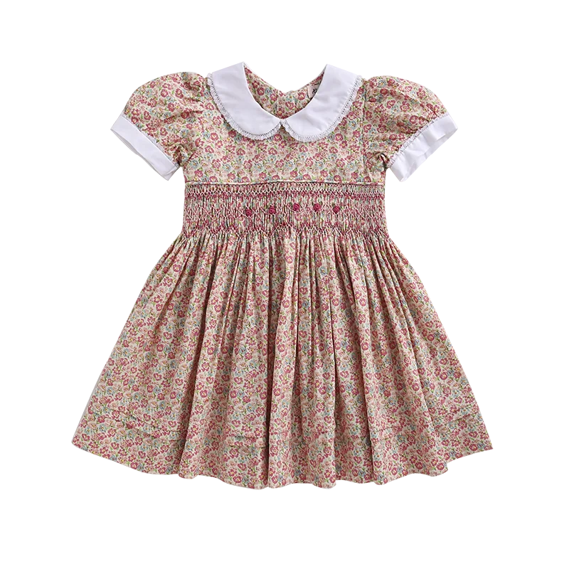 

2021 Summer lace peter pan collar floral smocked dress children clothes girl dresses, Accept customized