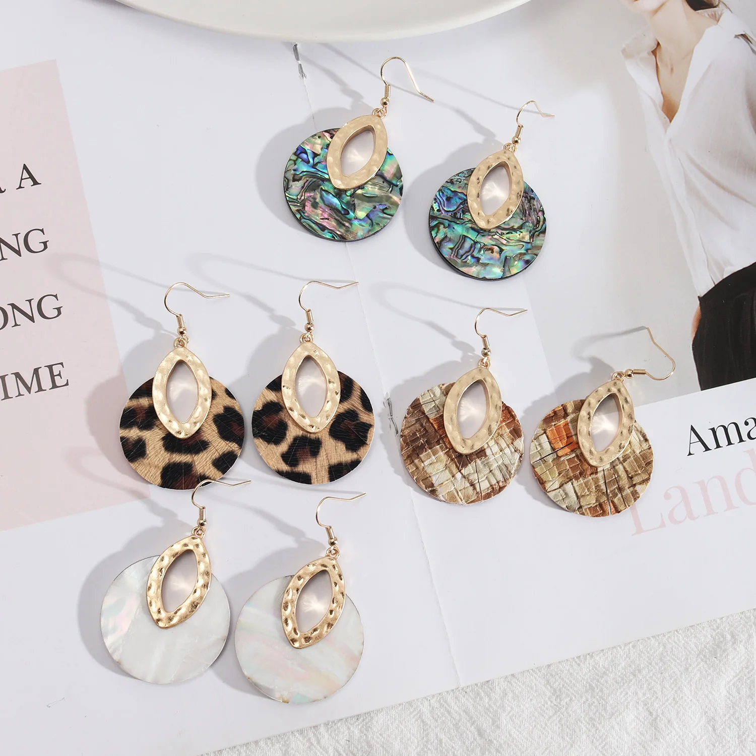 

European and American Style Jewelry Leather Inlaid Fashion Round Personality Retro Abalone Shell Gold Hook Design Women earrings