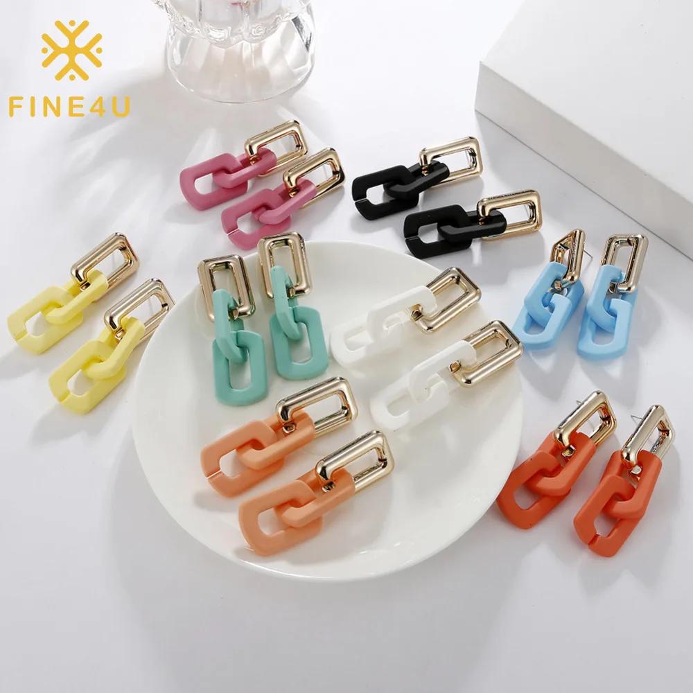 

New vintage lovely candy color bohemian resin square chain geometric dangle acrylic stud earrings