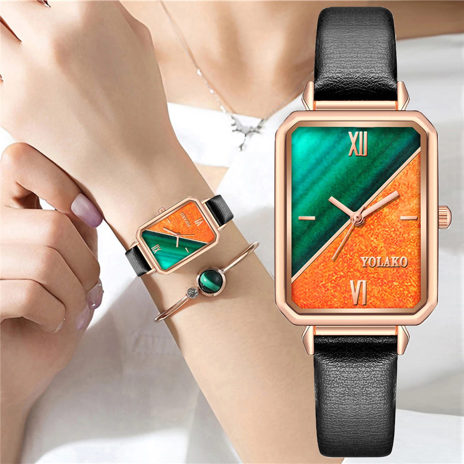 

1116 Fashion Women Watches Square Ladies Quartz Watch Bracelet Set Green Dial Leather Women Watches horloges dames
