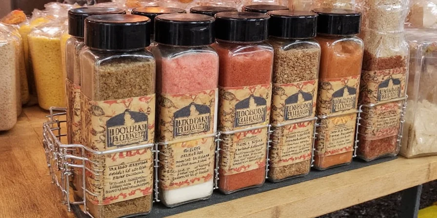 Spice jars stored on a cool, dry shelf away from sunlight