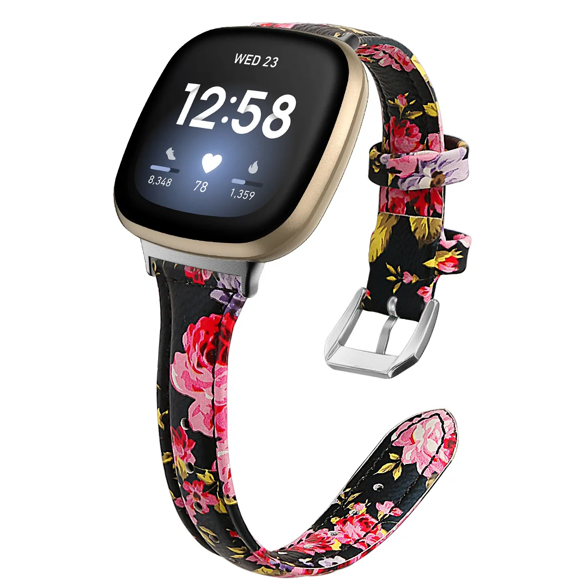 

Newest Style Flower Printed First Layer Cowhide Leather Strap Replacement for Fitbit Versa 3 Watch Band, 15 colors