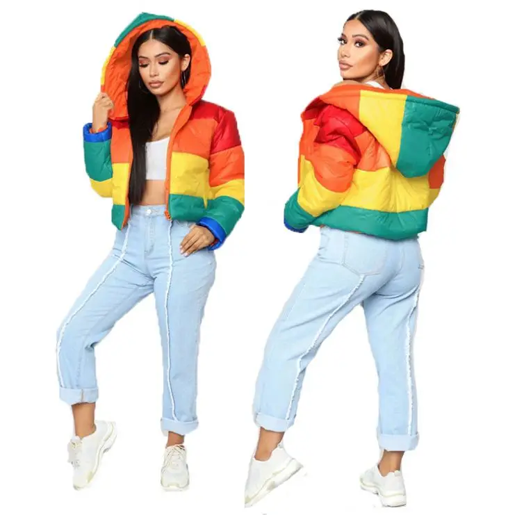 12042NA Best Design Rainbow Color Block Hooded Winter Down Coat Womens Fashion Boutique Clothing