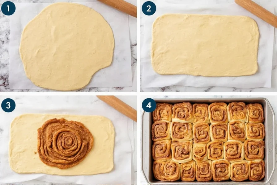 Step-by-step photos showing yeast cinnamon roll dough preparation, rolling, and baking process