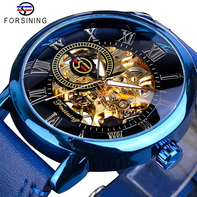 

Forsining Men Mechanical Transparent Blue Watch Ultra Thin Analog Hand Wind Genuine Leather Strap Sport Casual Male Reloj Hombre, 10-colors