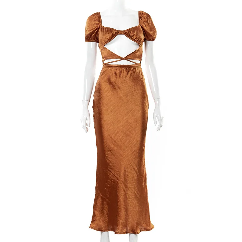 

Party Evening Elegant Summer Bodycon Clothing Puff Sleeve Edible Tree Fungus Bandage Women's Sexy Long Hollow Club Dresses, Black brown