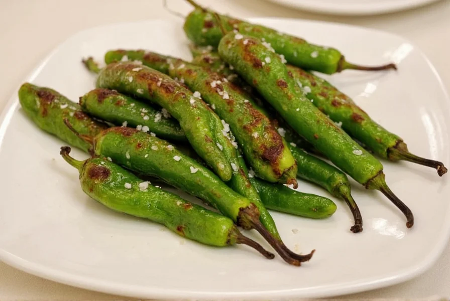 Gebratene Shishito-Pfeffer mit verkohlter Schale und Meersalz-Garnitur